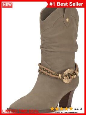Western Slouch Booties Pointed Toe Stacked Heel Leather Mid Calf
